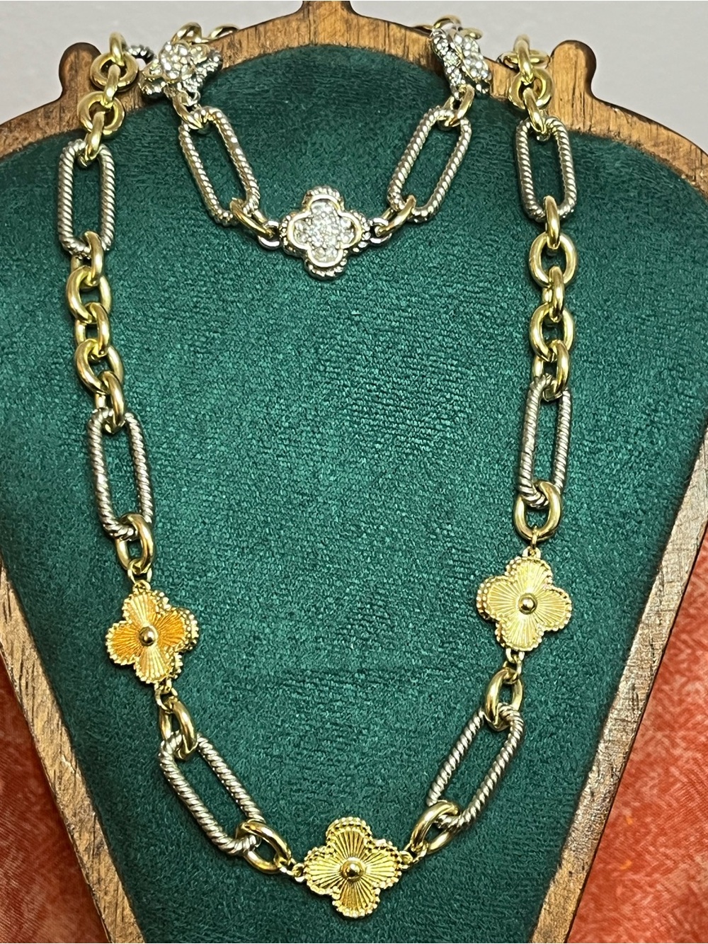 Gold Two-Tone Clover Mixed Link Necklace & Bracelet (Pave) 7” & 17”.